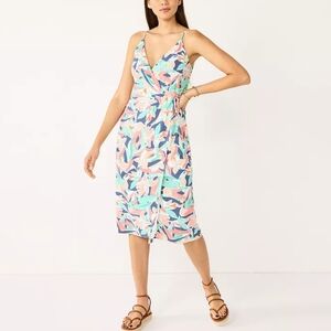 LIKE NEW Nine West Strappy Wrap Midi Dress in Abstract Plumeria Teal Size Large